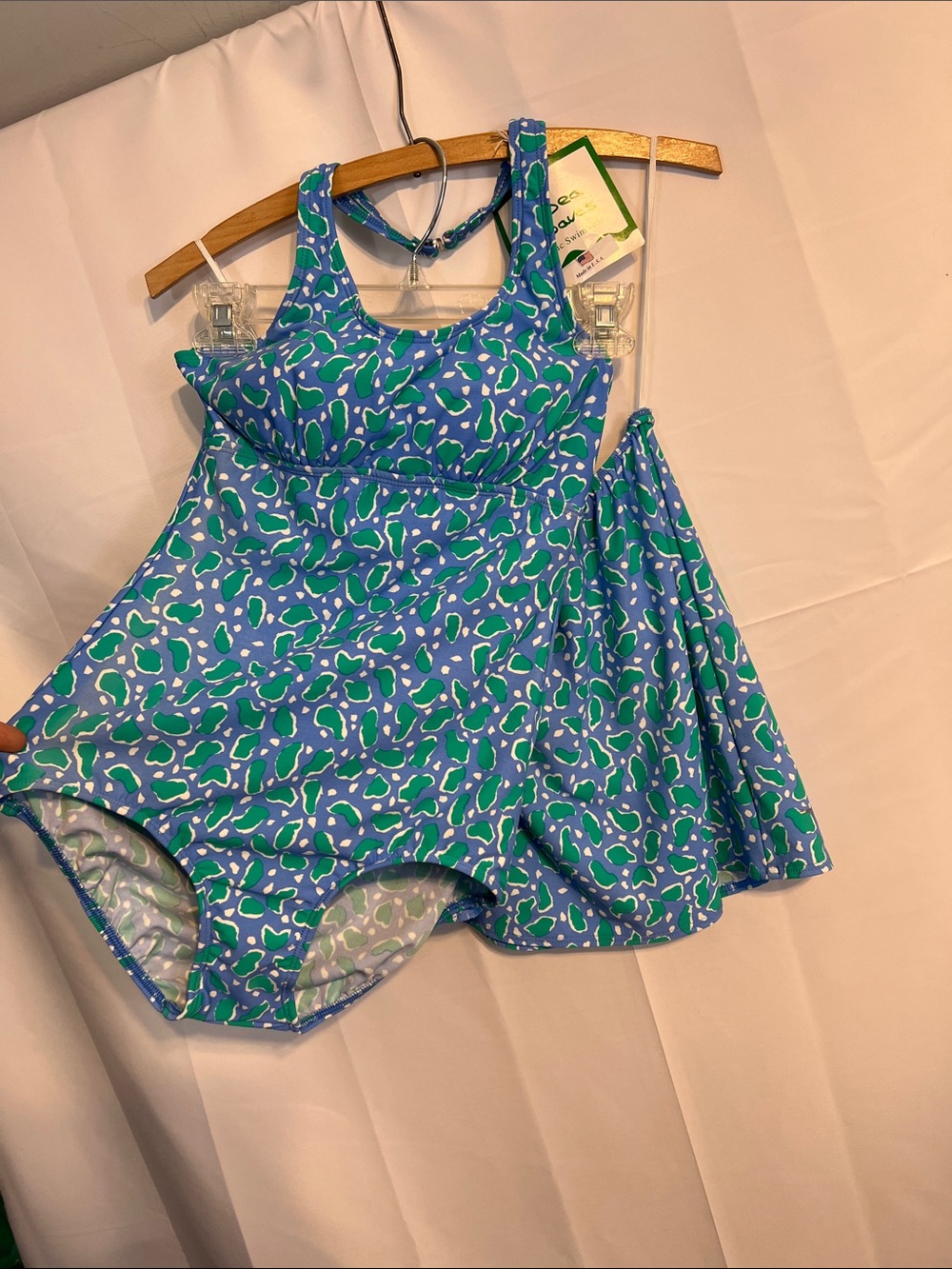 Blue & Green Patterned bathing suit with Skirt